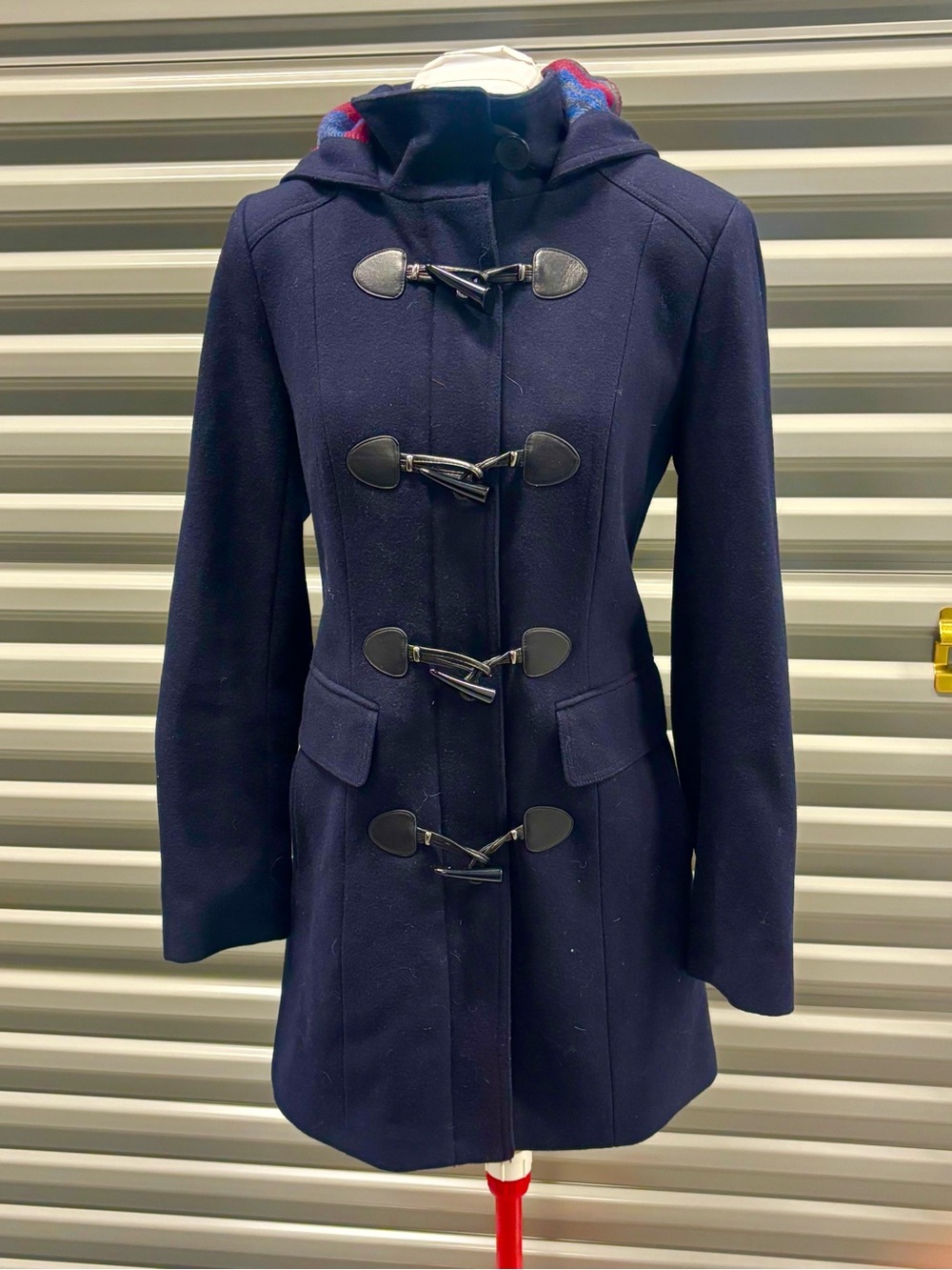 Tommy Hilfiger Hooded Wool Blend Leather Toggle / Zip Pea Coat Navy Woman’s . XS